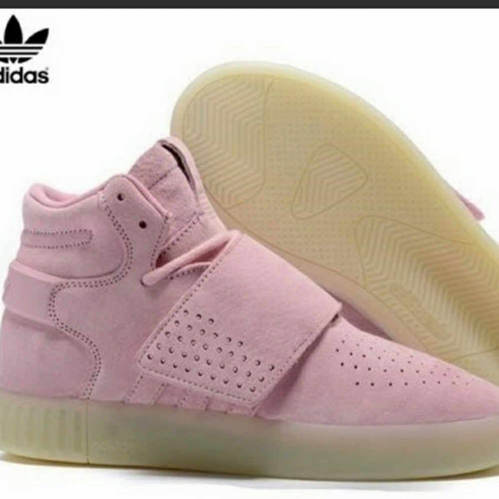 Pink Adidas tubular high top sneakers